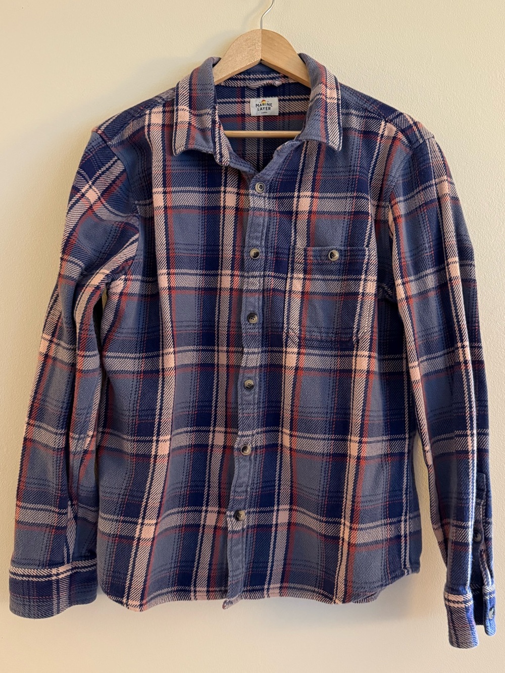 Marine Layer | Cole Textured Tweed Blue Plaid Flannel Button Down Shirt | Size L